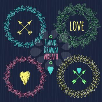 Hand drawn set of different colored hipster vintage wedding wreaths, words and hearts for invitations and decorations