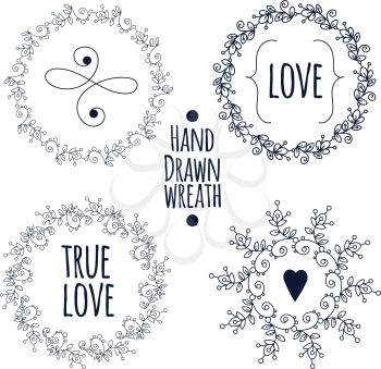 Hand drawn set of  hipster vintage wedding wreaths, words and hearts for invitations and decorations