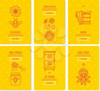 Sunny set Banners honey product. Juicy colors, linear icons with bees, honeycombs, apiculture devices, for advertising apitherapy products, beekeeping, cosmetic preparations, creams, soaps medicines