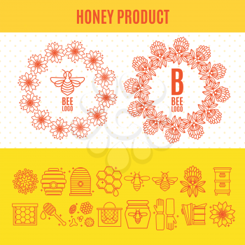Set of icons on the theme of an apiary and beekeeping in a linear style. Two wreaths - a logo with flowers and bees. Tools for working with bees, beekeeping clothing, products.