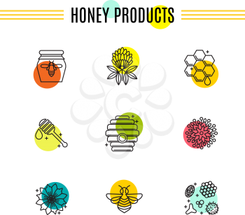 Set of icons of beekeeping, honey, apiary. To decorate the packaging of cometics, soaps, honey products, pollen, propolis. For the design of sites, banners, leaflets. Vector illustration