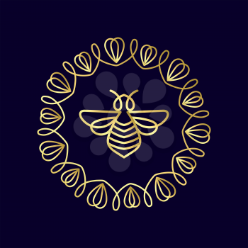 Logo with insect. Badge Bee for corporate identity, packaging luxury brand of bee products, eco-cosmetics, soap, medical products and honey. Trend style in thin line.