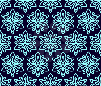 
Seamless pattern with clematis. Beautiful blue flowers on a dark background in a flat minimalist wallpaper, print, fabric, textile, cases smartphone wrap soaps and cosmetics. Vector illustration.