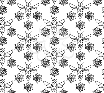 Seamless pattern with orange bees in Monoline style. For the packaging of creams, cosmetics, food, bee venom to treat. Wrap bee products, fashion textile, covers smartphones on honey bee, apitherapy.