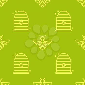 Beautiful Seamless pattern in a linear style on the theme of the apiary and beekeeping. Bees and beehives.Texture for scrapbooking, wrapping paper, textiles, web page, surface design, fashion