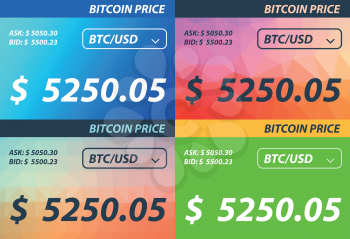 Set Web banner price bitcoin. The price tag template for currency exchange for crypto currency for your website. Set of bright mock-ups of different colors