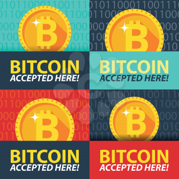 Bitcoin accepted here sticker. Set banners. Vector coin flat design. Advertising template for your website.
