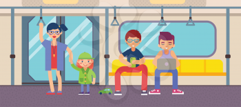 Passengers on the subway train. Mom and daughter are standing, young guys with gadgets, a smartphone and a tablet computer are sitting in public transport. Flat design vector illustration.