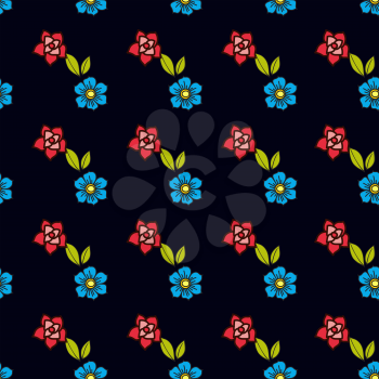 Blue flowers in the old style tattoo. Floral seamless pattern on a black background. Texture for vintage scrapbooking, wrapping paper, textiles, web page, textile wallpapers, surface design, fashion