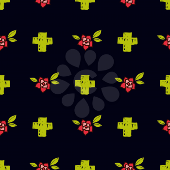 Crosses and flowers in an old-style tattoo. The day of the Dead. A seamless pattern on a black background. Texture for scrapbooking, wrapping paper, textiles, web page, textile wallpapers, surface design, fashion