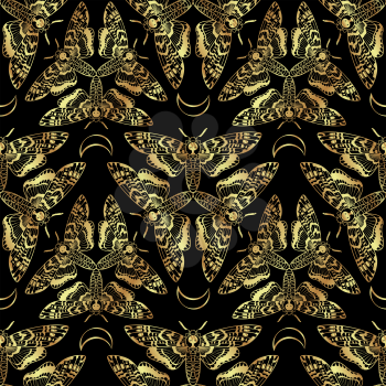 Butterfly Deaths head hawk moth. The symbol of the triple goddess. Vintage seamless pattern. For prints, T-shirts, bags, cards, textile, fashion, scrapbook paper. Vector  gold. Decals
