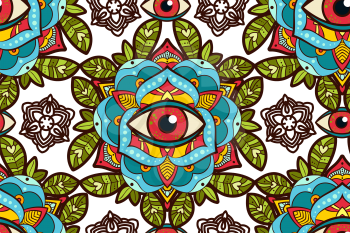 Seamless pattern. Beautiful ornamental peony, rose flower with an eye of providence. Old school tattoo, print T-shirts, packaging, smartphone cover, napkins, pillows. Alchemical Tarot Magic flower.