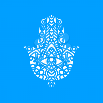 Laser cutting template greeting card Hamsa. Protective amulet in the shape of the palm, which is used by Jews and Arabs. Another name the hand of God. Rich ornamented panel. Cutting file. Vector.