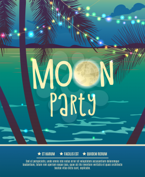 Flyer for the lunar party. Night disco. Vector template full moon dancing. Silhouettes of palm trees, sea, lights, fullmoon.