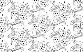 Barn owl. A seamless pattern in the handdrawn style. Black and white graphics Texture for scrapbooking, wrapping paper, textiles, web page, wallpapers, surface design, fashion