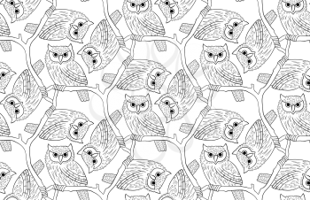 Big-eared owl. A seamless pattern in the handdrawn style. Black and white graphics Texture for scrapbooking, wrapping paper, textiles, web page, wallpapers, surface design, fashion