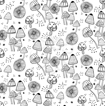 Seamless pattern with fantasy mushrooms. Fairy boletus on a white background. Vector illustration. Texture for scrapbooking, wrapping paper, textiles, web page, wallpapers, surface design, fashion