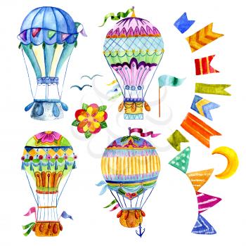 Air balloon and a garland of flags, painted in watercolor. Aerostat Isolated on white background. Suitable for postcards, congratulations on birthdays, prints on pillows, T-shirts, bags