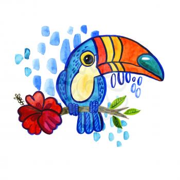 Watercolo Bird Toucan Ramphastida , tropical hibiscus flower in cartoon style. The phrase Hello. Suitable for print on t-shirt, poster jungle postcard for children