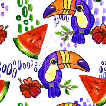 Toucan and Hibiscus. Tropical Green seamless pattern.  ornament toucan in cartoon style. American bill, ramphastida, toucan.
