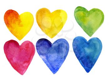 Set of watercolor hearts of different colors. Isolated on white background. For medicine, romantic postcards, posters and designs.