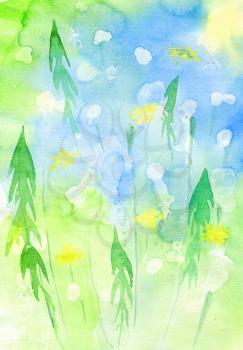 Watercolor background with dandelions. Summer background for greeting cards, congratulations, prints, packing jam, tags