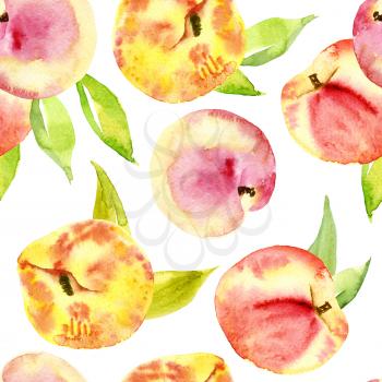 Seamless watercolor of peaches. The fruits, branches and leaves. Suitable for design food packaging, soap, cosmetics, fashion fabrics, scrapbooking, wrapping paper, wallpaper, home textiles