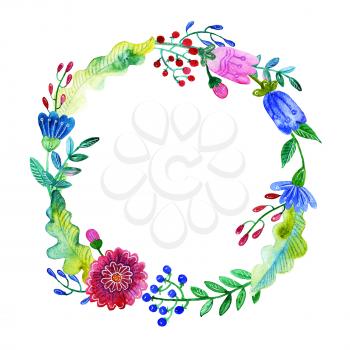 Watercolor floral wreath. Berries, buds, branches and leaves in the form of a round frame. Lovely vintage elements. For weddings, postcards, Save the date