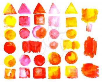 Set of watercolor stains of Red orange color. Sunrise, sunset. Solar Swabs are suitable for advertising banners, logos, backgrounds for postcard, poster, coupon, certificates and sale.