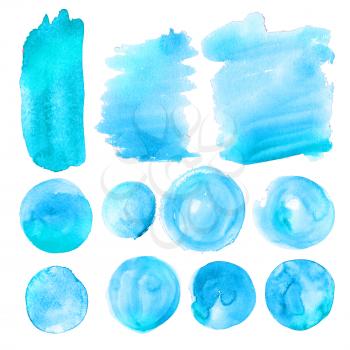 Set of blue watercolor stains. Swabs suitable for texture advertising banners, Women's logos, backgrounds for postcard, party poster, coupon, certificate and sale, business and invitation Card, Flyer.