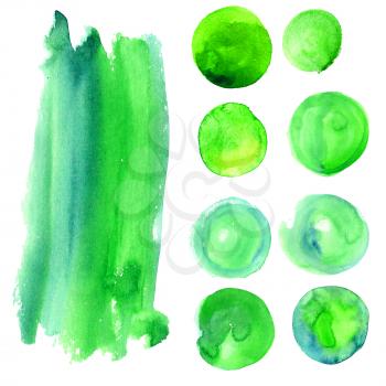 Set of watercolor stains of greenery color. Green swabs are suitable for advertising banners, advertisements, eco logos, backgrounds for postcards, posters, coupons, certificates and sale.