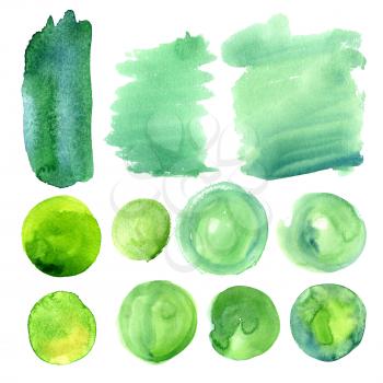 Set of watercolor stains of greenery color. Green swabs are suitable for advertising banners, advertisements, eco logos, backgrounds for postcards, posters, coupons, certificates and sale.
