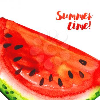 Summer time. Juicy Banner with watermelons and sprays. Poster for hot parties, watermelon events. Watercolor Design Template