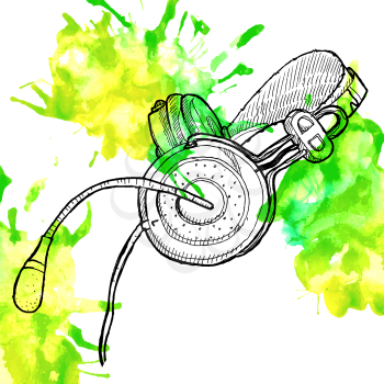 Style headphone sketch doodles on stains vector watercolor. Vektonaya illustration.