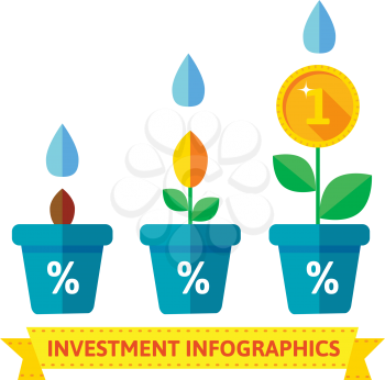 Infographics of flowers in pots, shows the growth of investment and savings in time, flat style