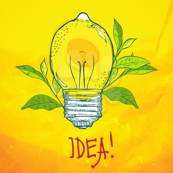 Lemon in a burning bulb with green leaves on a white background and the words Idea