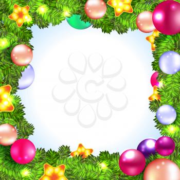 Christmas wreath with baubles and christmas tree, lights and stars on wooden background. Vector illustration.