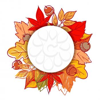 Hand-drawn leaves doodles circle banner on white background . Vector.