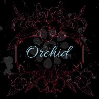 red orchid template black background with white orchids and place for text, use for design isolated on black painted in watercolor