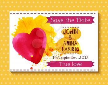 Wedding invitation with watercolor heart and ribbons