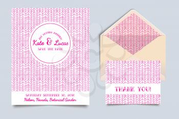 Set of wedding invitation, thank you card envelope and hand-chevron ornament in vintage style Art Deco