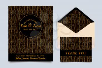 Set the Wedding  invitation, thank you card envelope and hand-chevron ornament in vintage style Art Deco