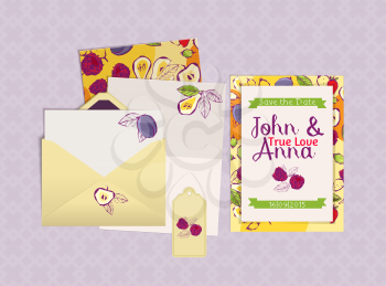 Wedding invitation, envelope, tag with summer berries