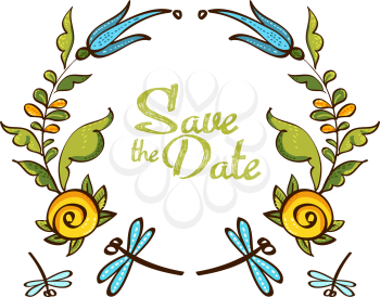 Vector  Background With Beautiful Floral Wreath and dragonfly. Save the Date.