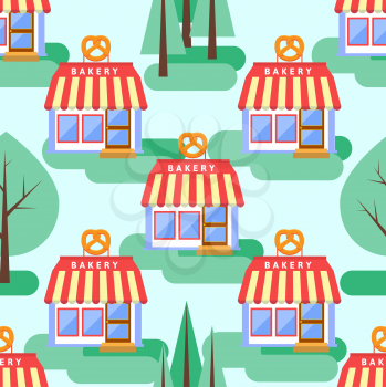 Town concept background. Flat Seamless pattern with colorful houses.