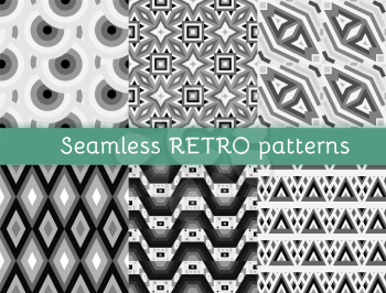 Set of six retro ethnic seamless patterns. Aztec geometric backgrounds. Stylish navajo fabric. Modern abstract wallpaper. Vector illustration.
