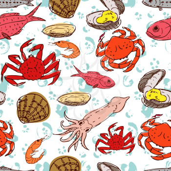Seafood crabs, fish, shells. Seamless background handdrawn. 