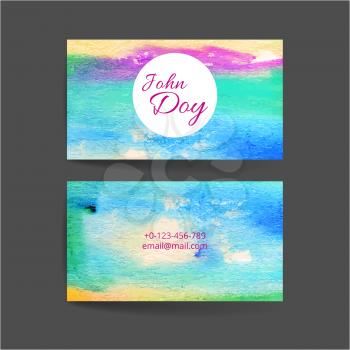 Set of two creative business card templates with artistic vector design. Abstract watercolor splashes with grunge texture.