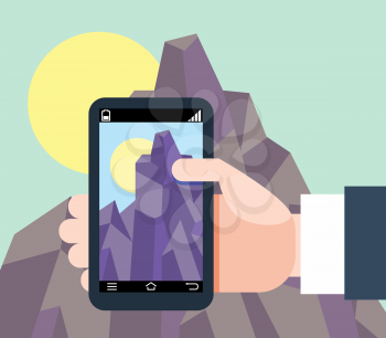 Modern flat design vector illustration concept of man holding smartphone with mobile gps navigation on a screen and route with check-in symbols.