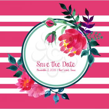 Vector watercolor colorful floral with summer flowers and central white copy space for your text. Vector hand drawn watercolor wreath with flowers. Save the date. Wedding invitation